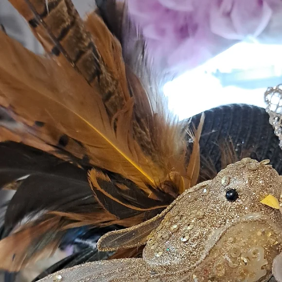 OOAK Black & Gold Couture Derby Hat with Designer Floral & Feather Bird - Picture 6 of 9
